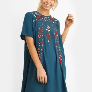 Umgee Teal Boho Embroidered Chic Floral Dress